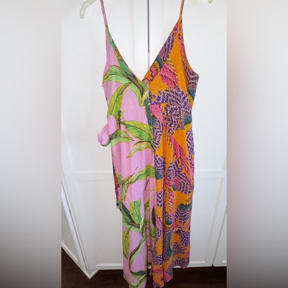 Farm Rio MIXED PRINTS MIDI WRAP DRESS  Sz MEDIUM BEADED MACAWS PINK FOLIAGE - Picture 5 of 15
